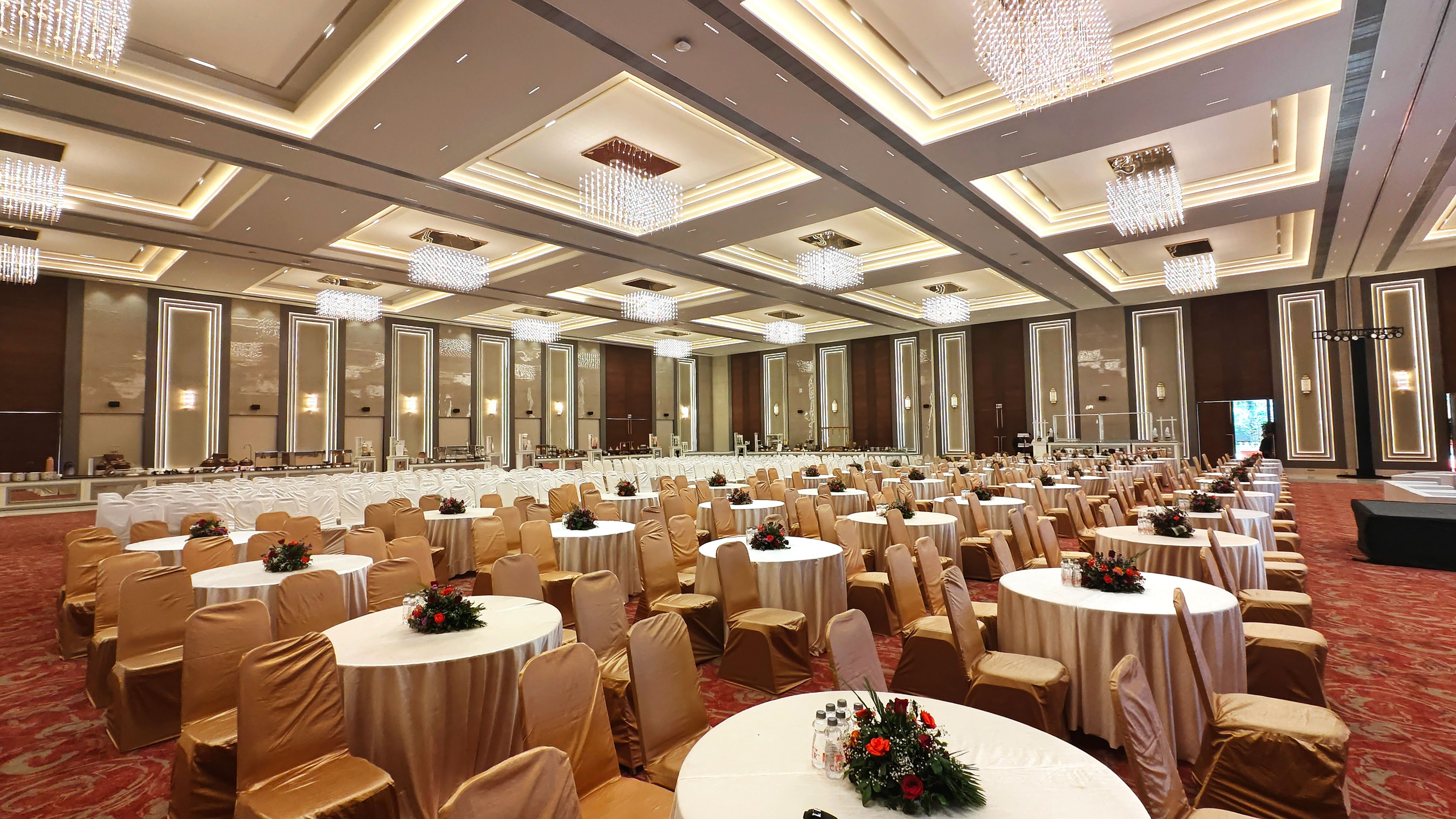 Elegant banquet hall with formal dining setup