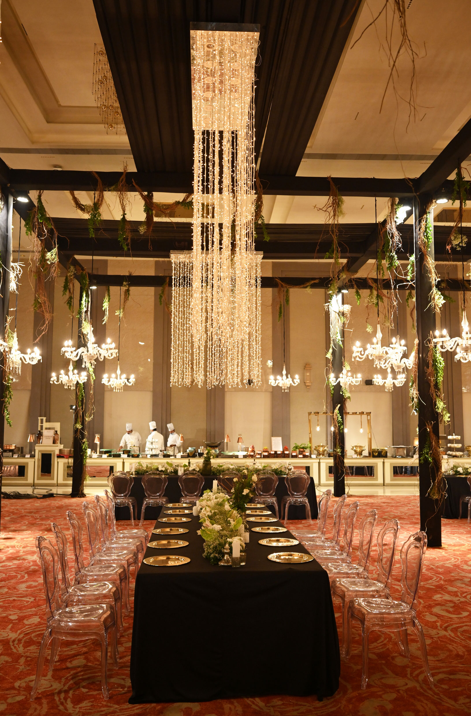 Elegant banquet hall with formal dining setup