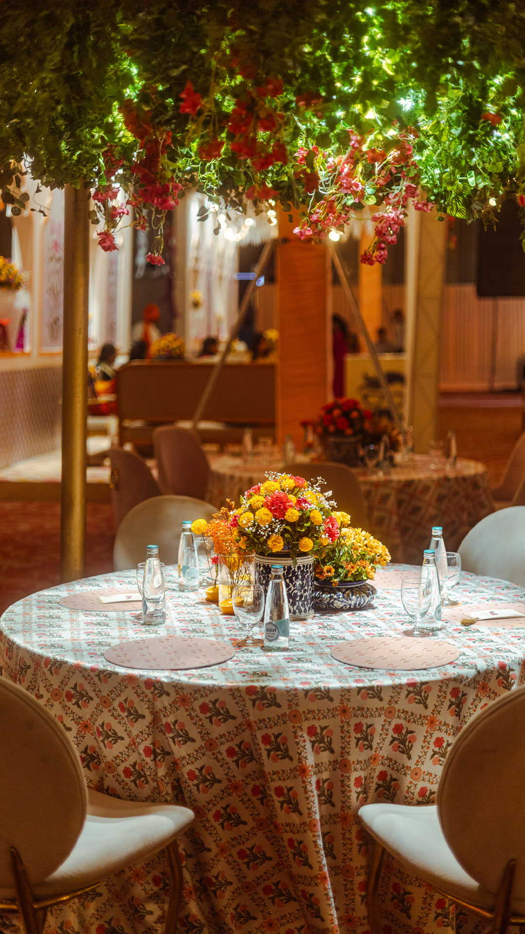 Elegant banquet hall with formal dining setup